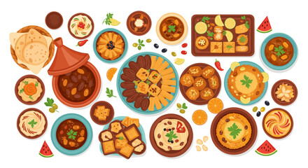 A vibrant flat lay illustration showcasing a delicious and diverse spread of traditional Middle Eastern and Mediterranean dishes, perfect for cultural culinary themes.