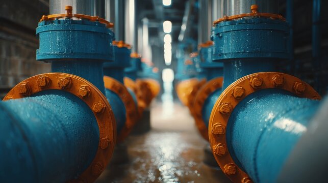Aligned blue industrial pipes, valves shown. Plumbing system with orange flanges. Pipes conduct fluids in factory workshop. Metal pipeline transmits water for industrial process. Construction,