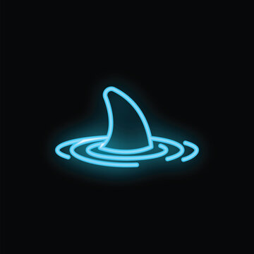 Blue neon sign of a shark fin circling on a dark background