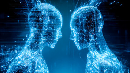 Digital humanoid figures facing each other in a sci-fi data exchange scene