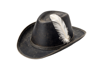 Weathered black cowboy hat with elegant white feather plume decoration, isolated on a transparent background