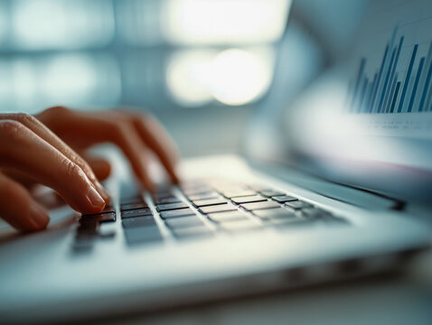 Person typing on a laptop keyboard with a financial graph displayed on the screen in a bright office setting focused on productivity and data analysis