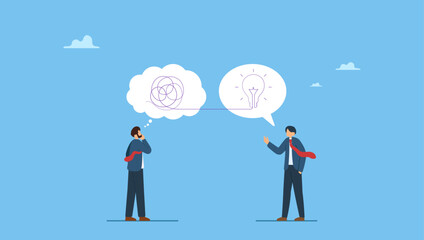 Confused businessman with messy thinking with other giving lightbulb solution. Problem solving skill to think of solution, creativity to solve difficult issue, resolution or coaching to help trouble.