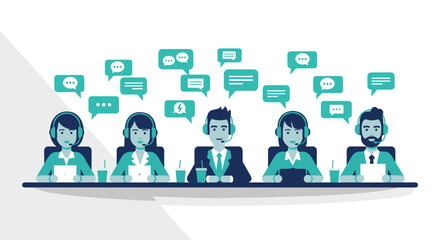 A diverse team of customer service agents wearing headsets engages in multiple online conversations, providing support in a modern flat vector illustration.