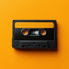 Obraz premium A single black audio cassette tape with a bright orange label and film strip sits on a vibrant, textured orange surface.