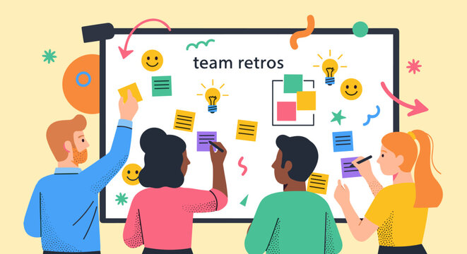 A diverse business team collaborates effectively during an agile retrospective meeting, brainstorming ideas on a whiteboard with colorful sticky notes.