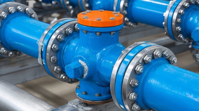 Aligned blue industrial pipes, valves shown. Plumbing system with orange flanges. Pipes conduct fluids in factory workshop. Metal pipeline transmits water for industrial process. Construction,