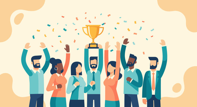A diverse team of professionals joyfully celebrates their collective success, raising hands with a golden trophy amidst falling confetti, symbolizing triumph.
