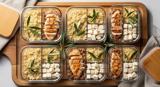 Meal Prep Containers with Chicken, Couscous, and Feta Cheese.