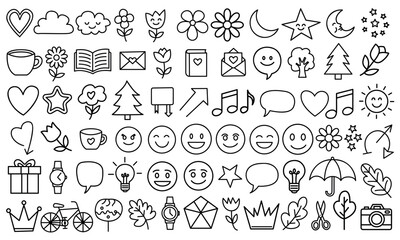 Hand drawn doodle icons set, emoji faces and simple outline symbols collection