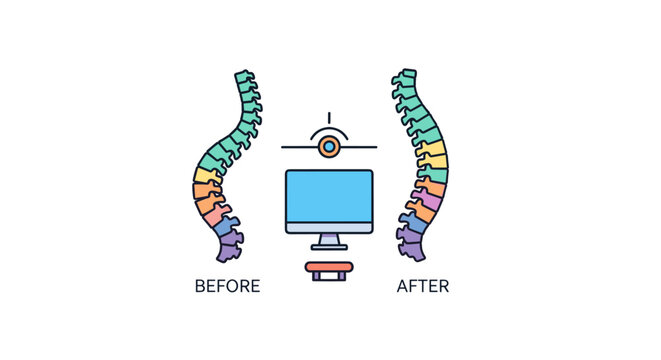Visually demonstrating the positive impact of ergonomic solutions and proper posture on spinal health, this illustration shows a curved back transforming to an aligned form.