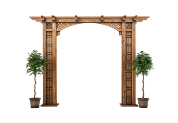 Wide wooden pergola archway with lattice details and potted decorative plants, isolated on a transparent background