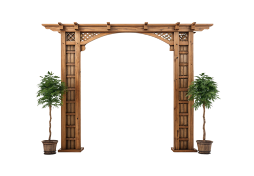 Wide wooden pergola archway with lattice details and potted decorative plants, isolated on a transparent background - Powered by Adobe