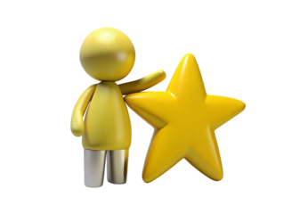 Yellow figure holding large gold star with metallic silver briefcase, isolated on a transparent background