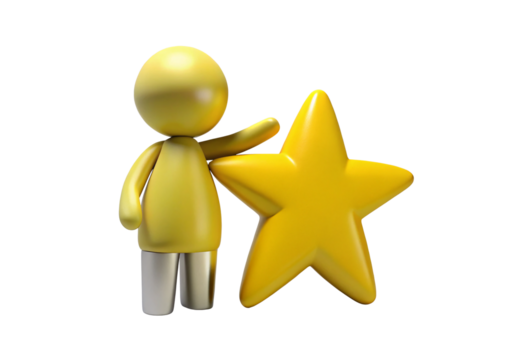 Yellow figure holding large gold star with metallic silver briefcase, isolated on a transparent background