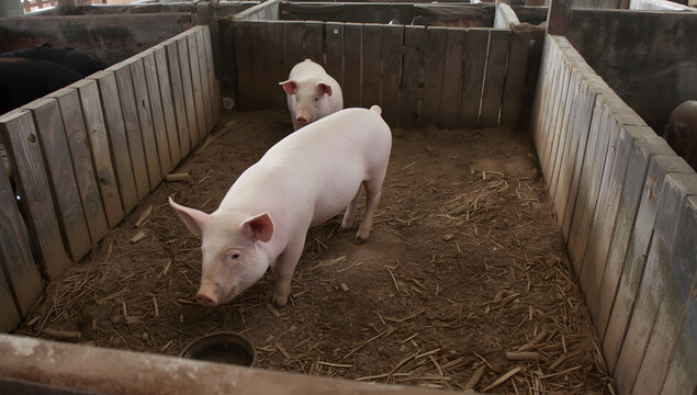 Two pink piglets stand in a wooden pen with straw bedding, one in the foreground and one slightly behind.