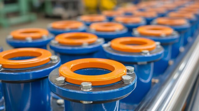 Aligned blue industrial pipes, valves shown. Plumbing system with orange flanges. Pipes conduct fluids in factory workshop. Metal pipeline transmits water for industrial process. Construction,