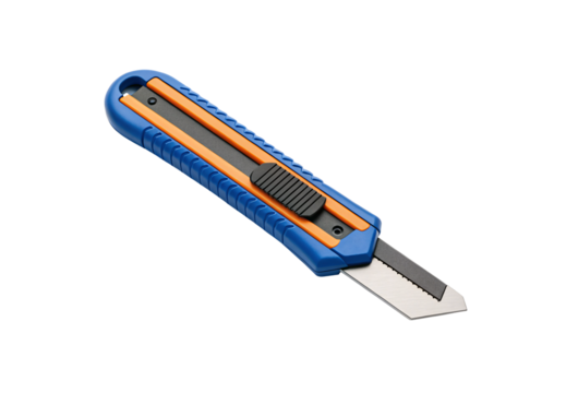 Blue handled box cutter with retractable blade and orange safety accents, isolated on a transparent background