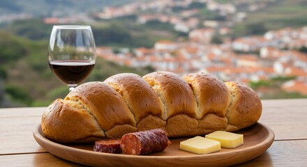 Freshly baked bread with wine and appetizers on a wooden plate