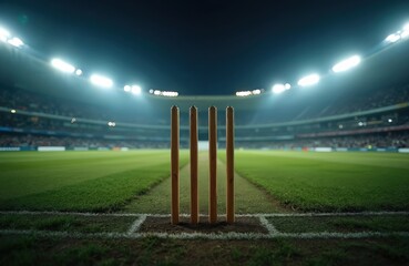 Cricket pitch stumps stand under stadium lights at night. The green grass field and spectator stands create an atmospheric sports venue. This is a game arena for athletic competition.