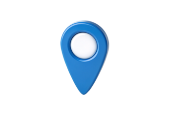 Blue teardrop-shaped map location pin marker with circular hole, simple design, isolated on a transparent background