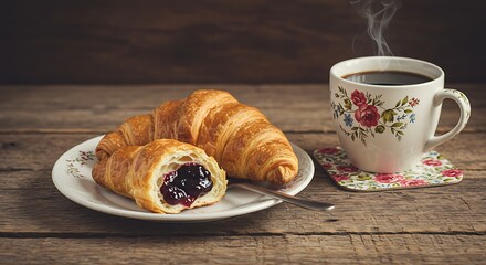 Freshly baked croissants with jam on a plate, alongside a cup of coffee on a rustic wooden table