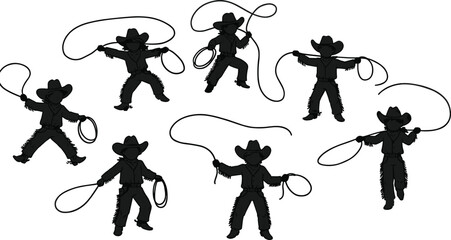 Silhouette of cowboy performing lasso tricks in multiple energetic poses, western rodeo performer swinging rope with strength and motion on white background, vector illustration © MdMojibar