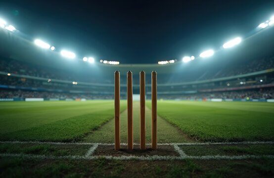 Cricket pitch stumps stand under stadium lights at night. The green grass field and spectator stands create an atmospheric sports venue. This is a game arena for athletic competition.