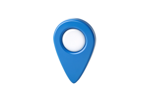 Blue teardrop-shaped map location pin marker with circular hole, simple design, isolated on a transparent background