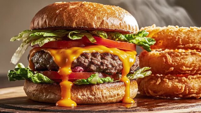 Gourmet cheeseburger with fresh lettuce, tomato, and oozing cheddar cheese, paired with a stack of crispy fried onion rings animated 4k video