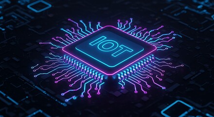 A glowing blue and pink square microchip labeled iot sits at the center of a complex network of illuminated circuits, representing the internet of things technology