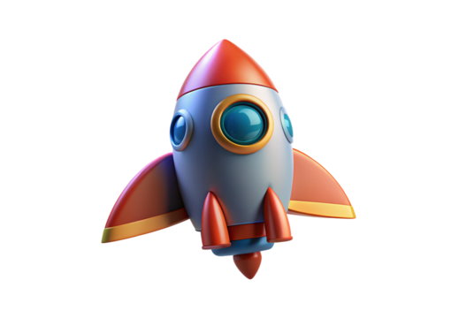 Colorful cartoon rocket ship with gray body, orange nose cone, circular windows, and red fins, isolated on a transparent background