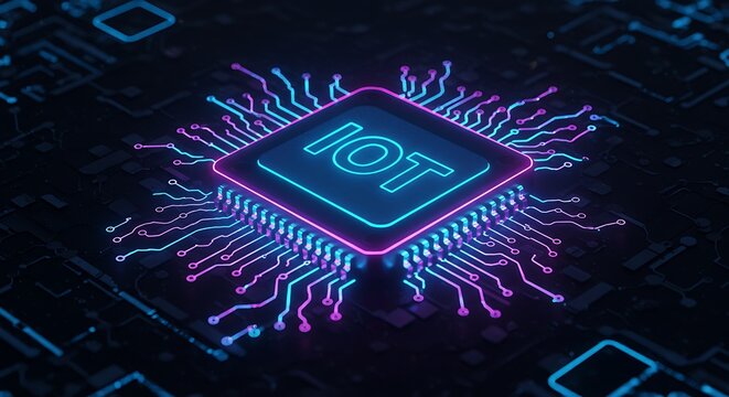 A glowing blue and pink square microchip labeled iot sits at the center of a complex network of illuminated circuits, representing the internet of things technology - Powered by Adobe