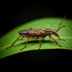Detailed macro shot of an insect with intricate segmented body and multiple limbs, resting on a vibrant green leaf outdoors ,antenna ,micro ,science
