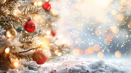 christmas tree with red ornaments and snow bokeh background
