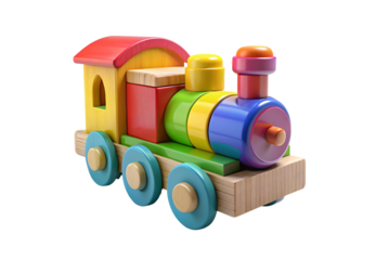 Bright multicolored wooden block toy train with rainbow cylindrical cars and blue wheels, isolated on a transparent background