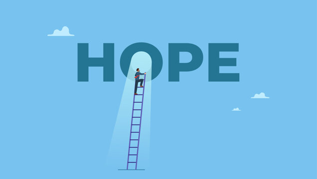Businessman climbed the ladder to see a ray of hope. Hope or faith to success, positive thinking or business challenge, belief or optimistic for better bright future, solution.