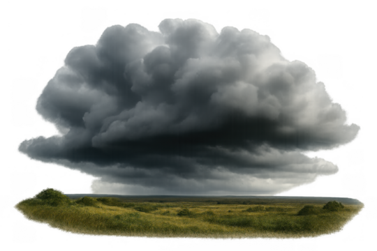 Dark cumulonimbus cloud developing over a lush green field, showing incoming storm conditions. Transparent background included