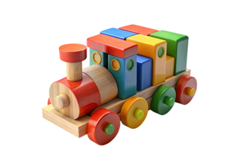 Colorful wooden stacking toy train with geometric blocks in red, yellow, blue, and green shades, isolated on a transparent background