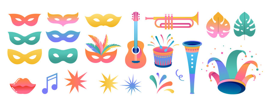 Carnival and Mardi Gras icons collection. Jester hat, masks, music instruments and other decorative elements.