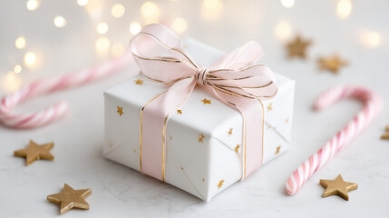 Beautifully wrapped christmas gift sits elegantly on marble surface surrounded by festive decorations like candy canes and golden stars creating warm holiday atmosphere