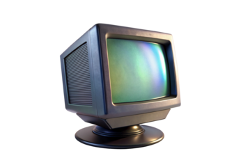 Retro CRT monitor with curved screen displaying color gradient, isolated on a transparent background