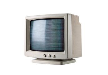 Vintage beige television with static interference on screen and control knobs, isolated on a transparent background