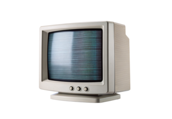 Vintage beige television with static interference on screen and control knobs, isolated on a transparent background