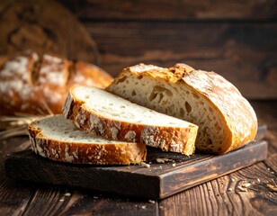 Freshly baked artisan bread, sliced, on a wooden cutting board, with rustic background