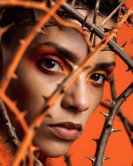 A woman in bright, fierce makeup, her brow furrowed, her gaze sharp behind a lattice of sharp thorns. The orange background highlights her warm skin tone and the dull texture of the branches