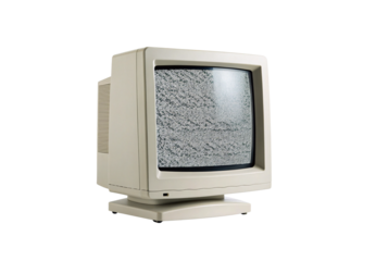 Classic computer monitor showing digital noise pattern on curved display screen, isolated on a transparent background