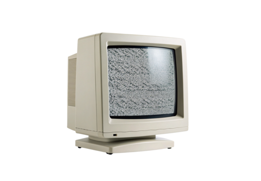 Classic computer monitor showing digital noise pattern on curved display screen, isolated on a transparent background