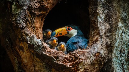 Naklejka premium A toucan feeding its chicks in a hollow tree in a tropical rainforest