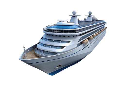 Large passenger cruise liner featuring elegant white hull and blue accents, isolated on a transparent background